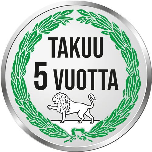 Hopeinen mitali, vihreä laakeriseppele ja leijona, teksti BENELLI TAKUU 5 VUOTTA mustalla.