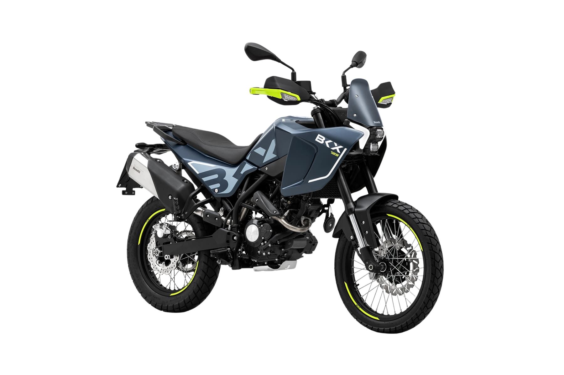 Benelli BKX 125 Avio Blue Sininen ja musta moottoripyörä, jossa vihreät korostukset, etu- ja sivunäkymä valkoisella taustalla.